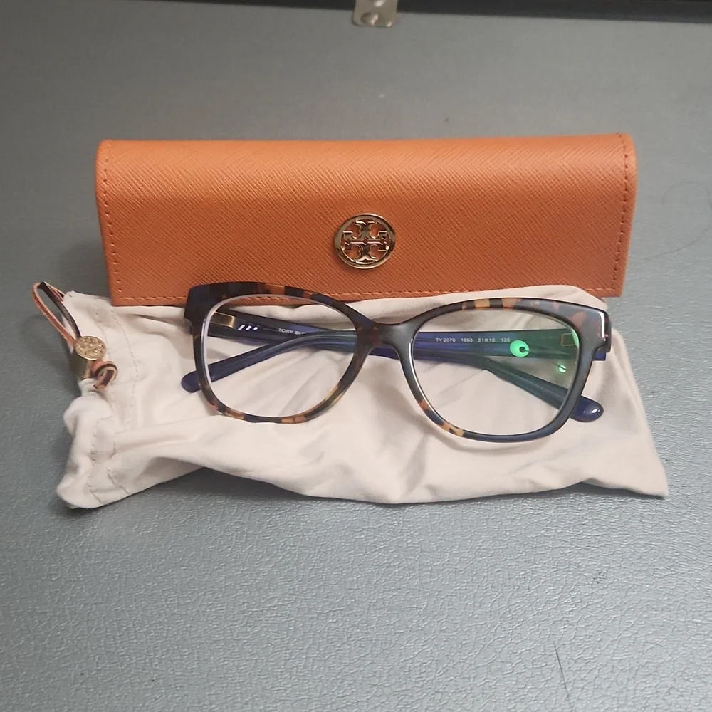 Tory Burch Blue Tortoiseshell Glasses with Orange Logo Case
